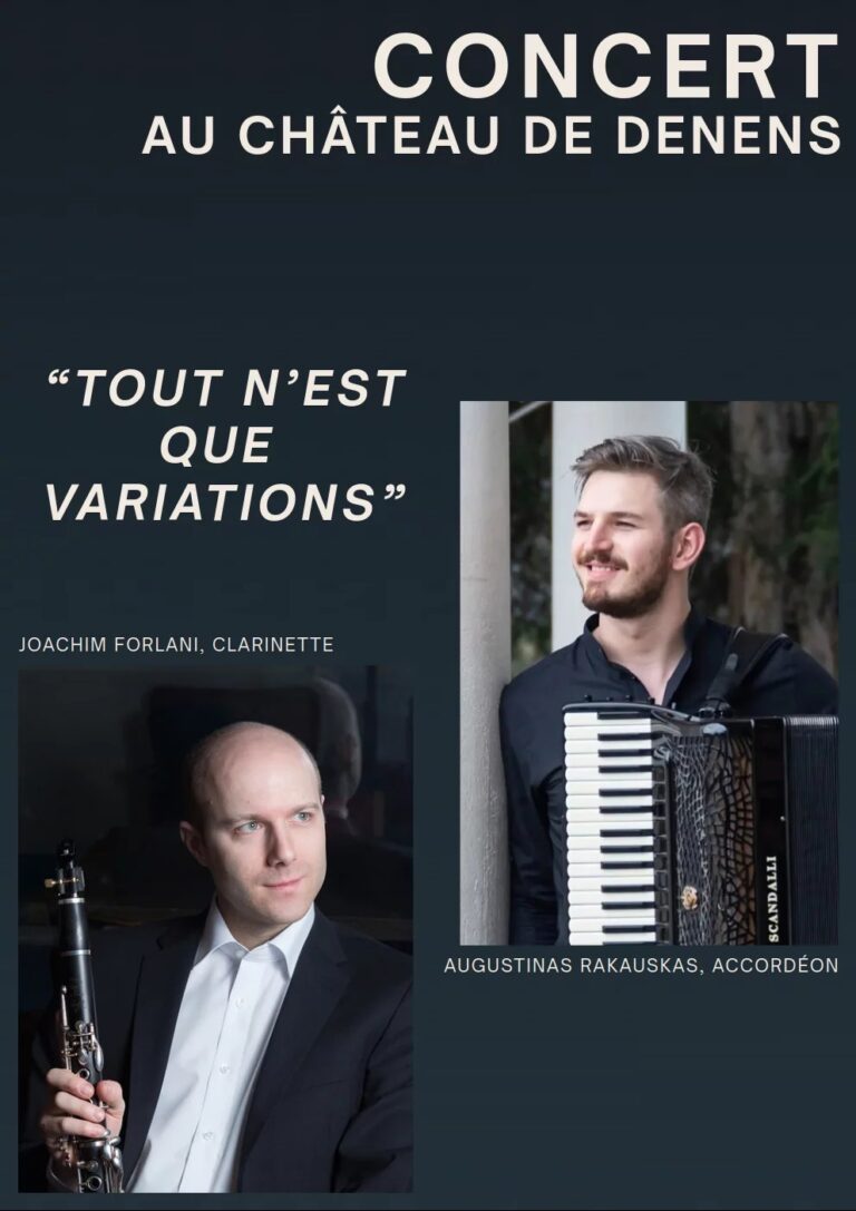 Affiche du concert « Tout n’est que variations » au Château de Denens, avec Joachim Forlani (clarinette) et Augustinas Rakauskas (accordéon)
